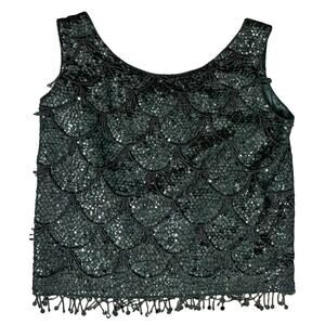 Vintage 70s Black Sequin Scallop Beaded Fringe Black Crop Wool Tank Top size M